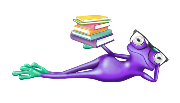 Lying frog with books