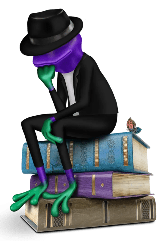 Frog sitting on English books
